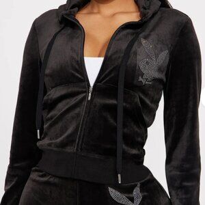 Black Velour Playboy Zip Up Hoodie Size Small